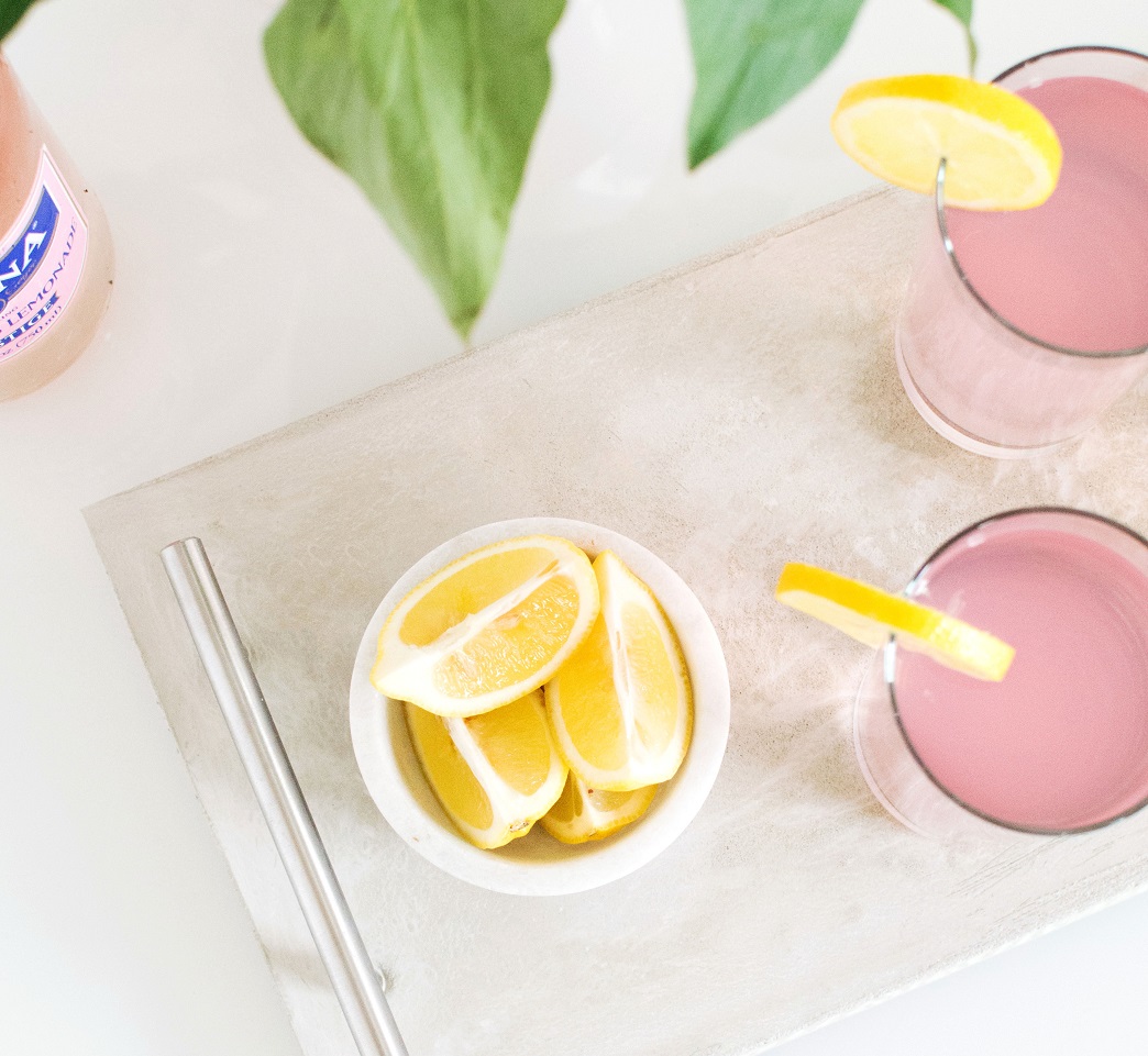 Concrete serving tray with pink lemonade