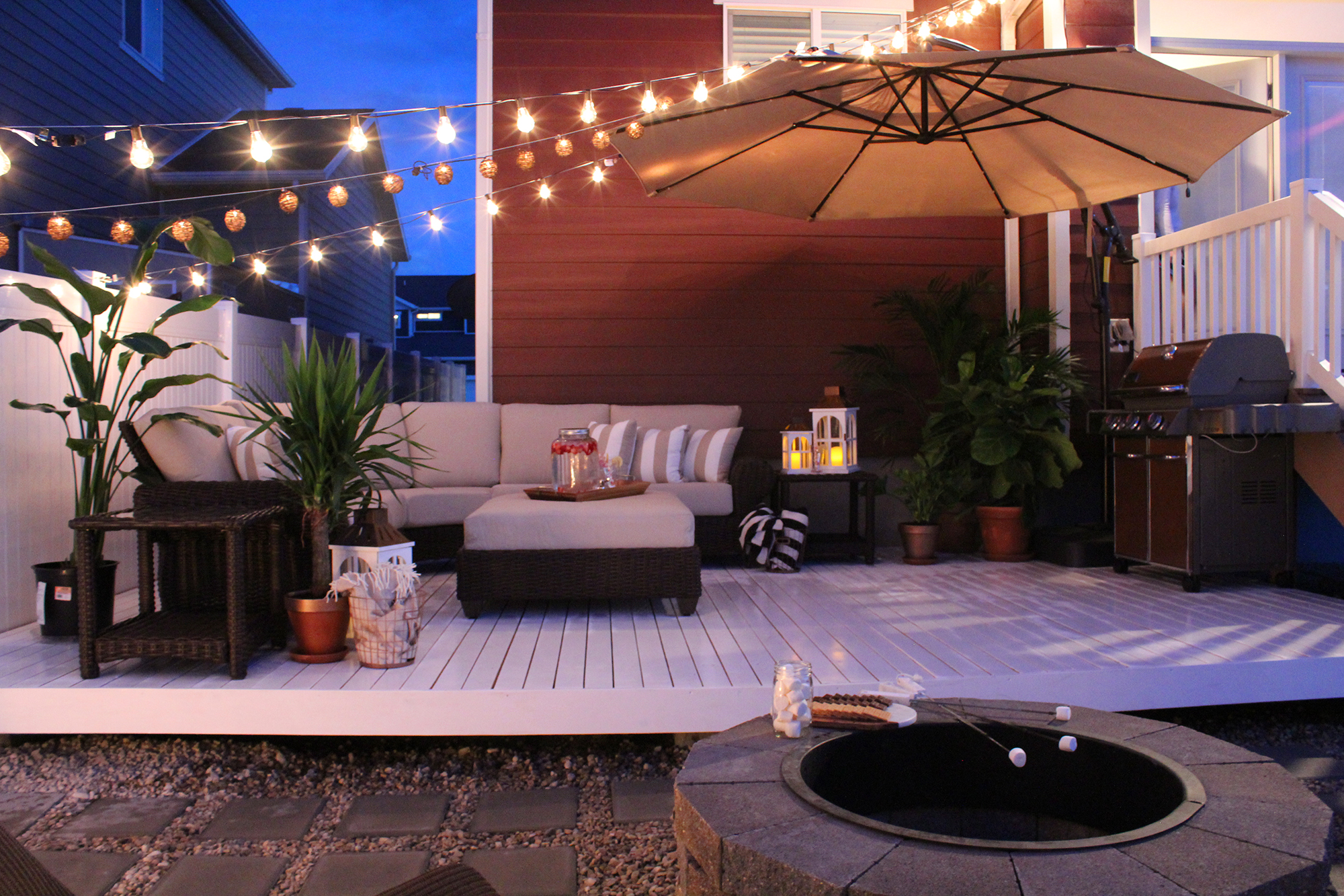 Patio set featuring string lights and LED andles