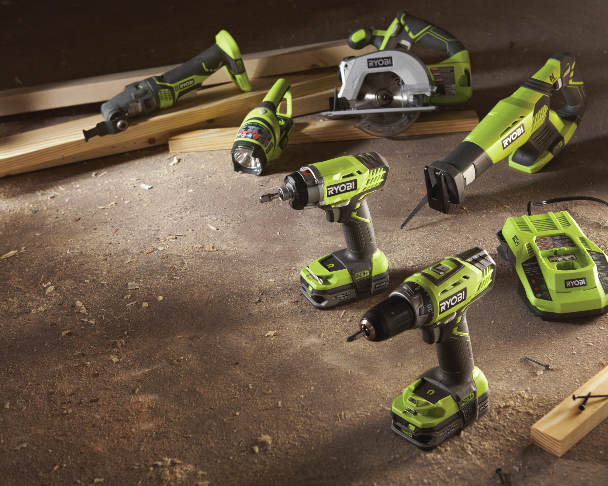 Various Ryobi tools included in the Ultimate Combo Kit