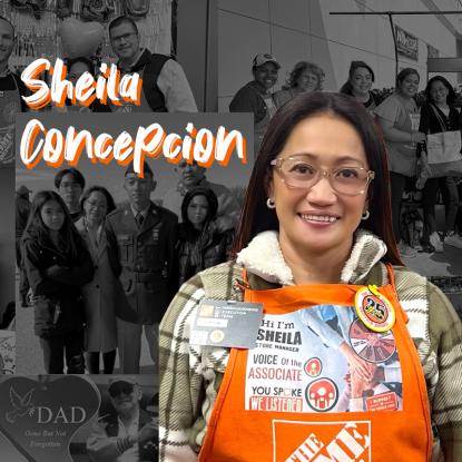 Home Depot Associate posing in orange apron with images of family and colleagues in the background 