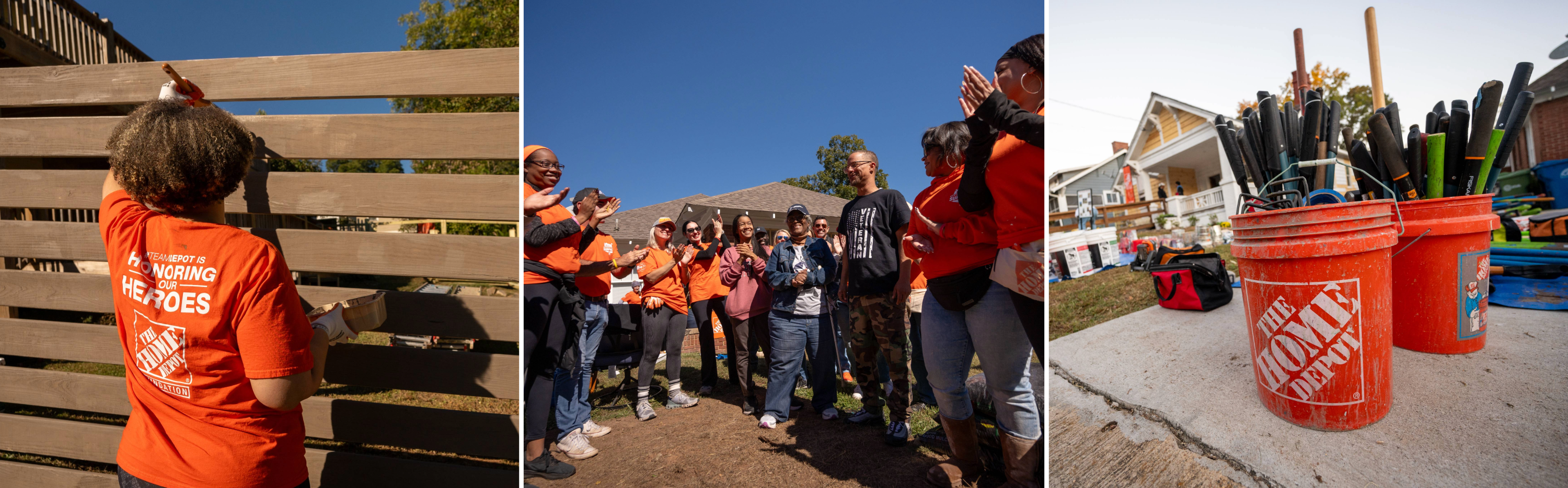 a collage of team depot volunteers and tools