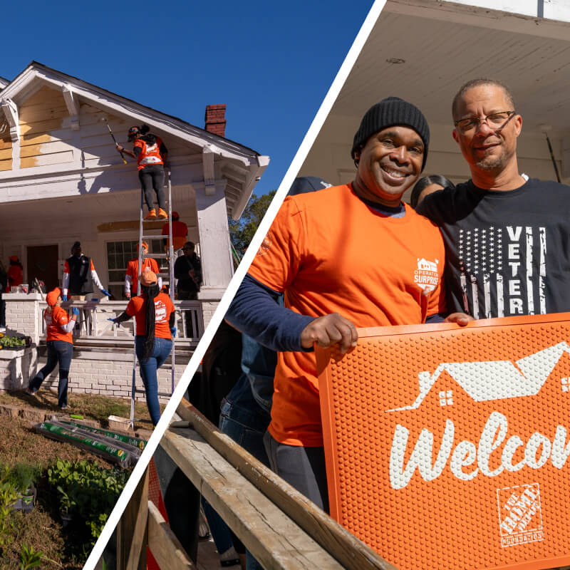 Side by side photos of team depot volunteers restoring a home