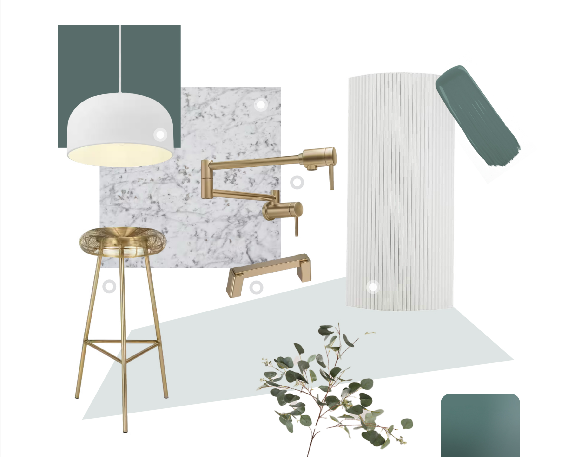 A vignette of a kitchen featuring the color hidden gem
