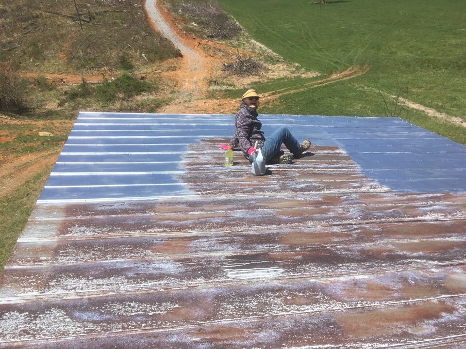 Diane painting the shed roof