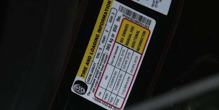 Tire pressure requirements info printed on car door