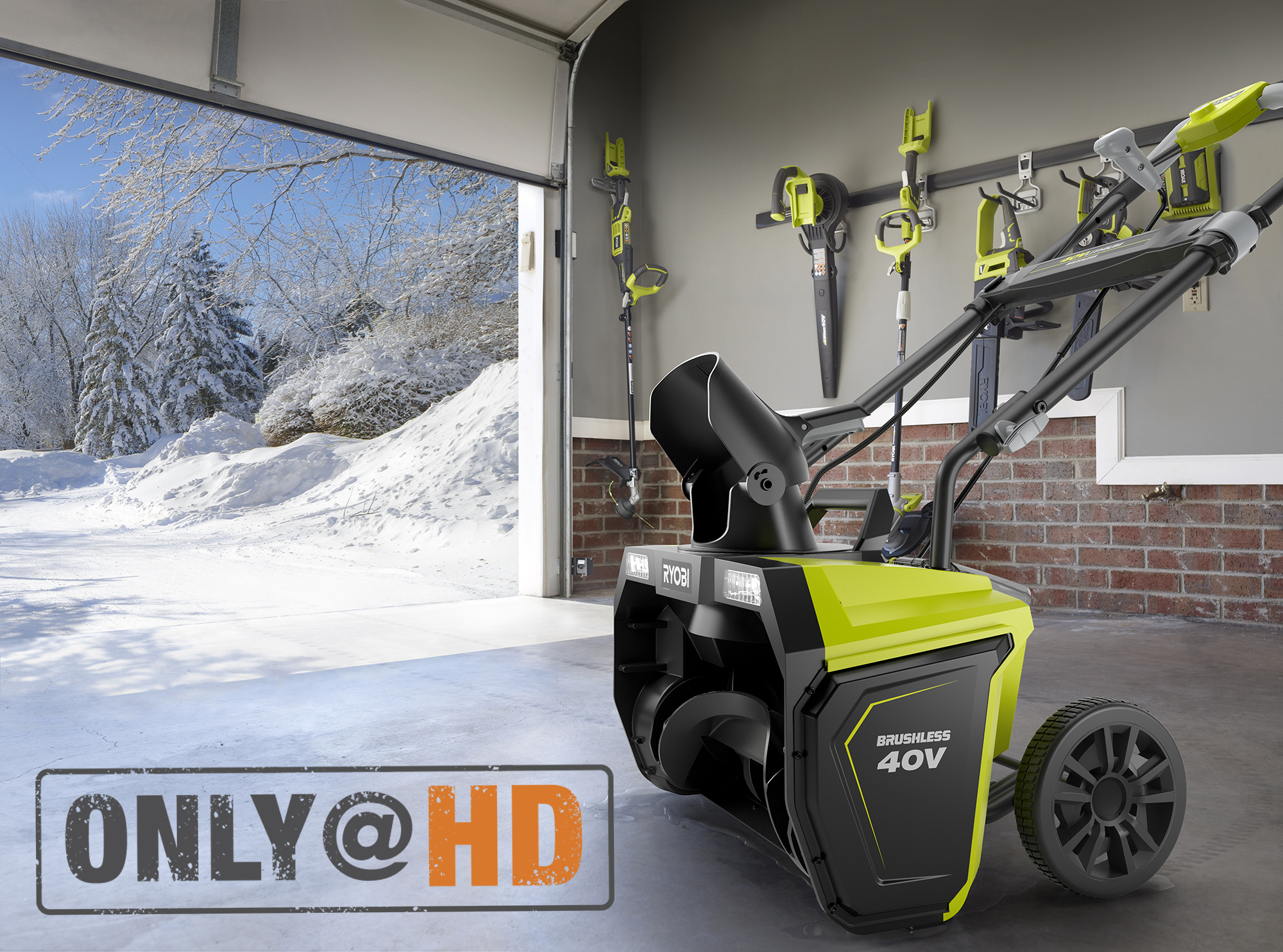 Ryobi snow blower in garage