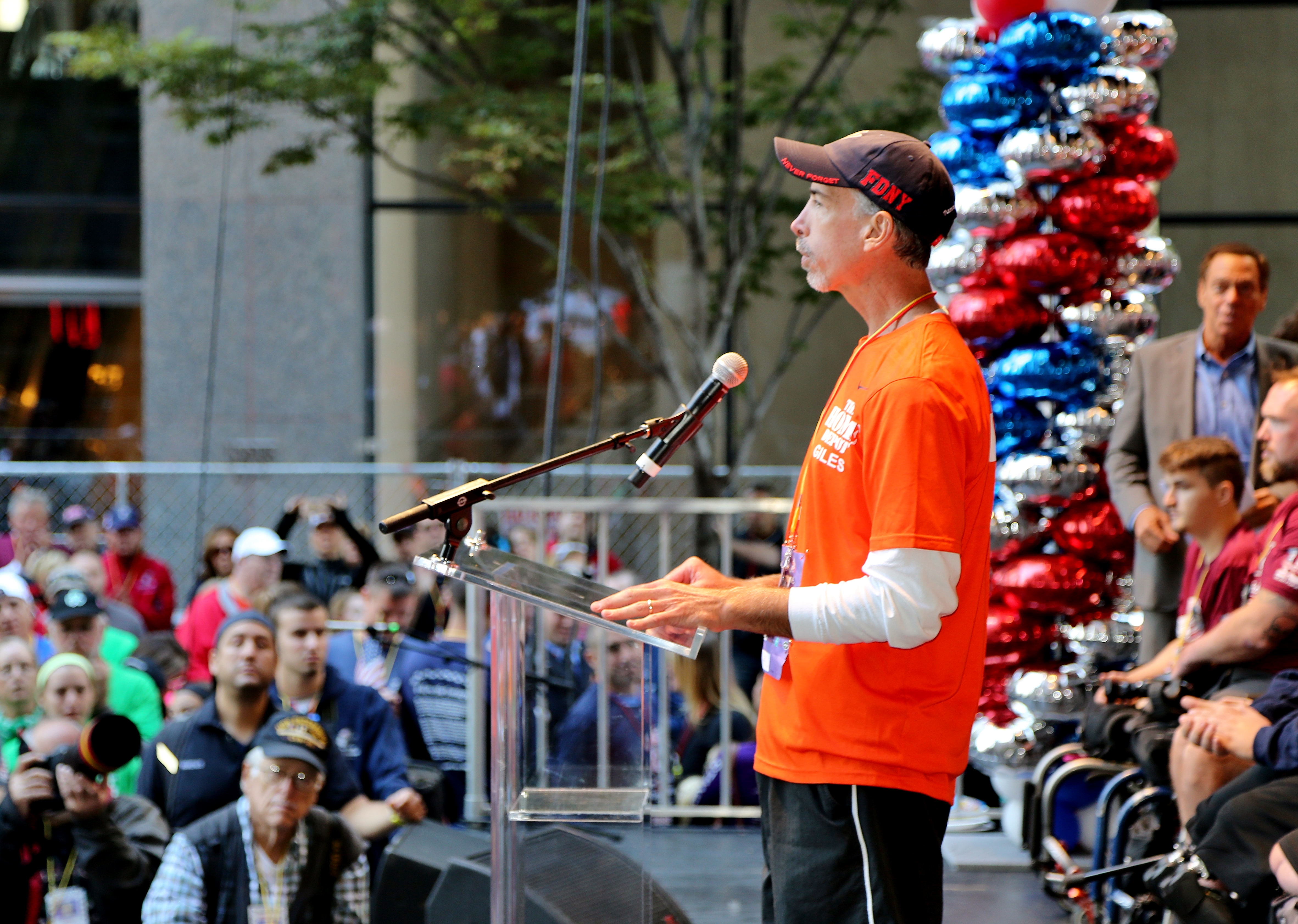 Giles Bowman of Home Depot speaks to Tunnel to Towers race participants