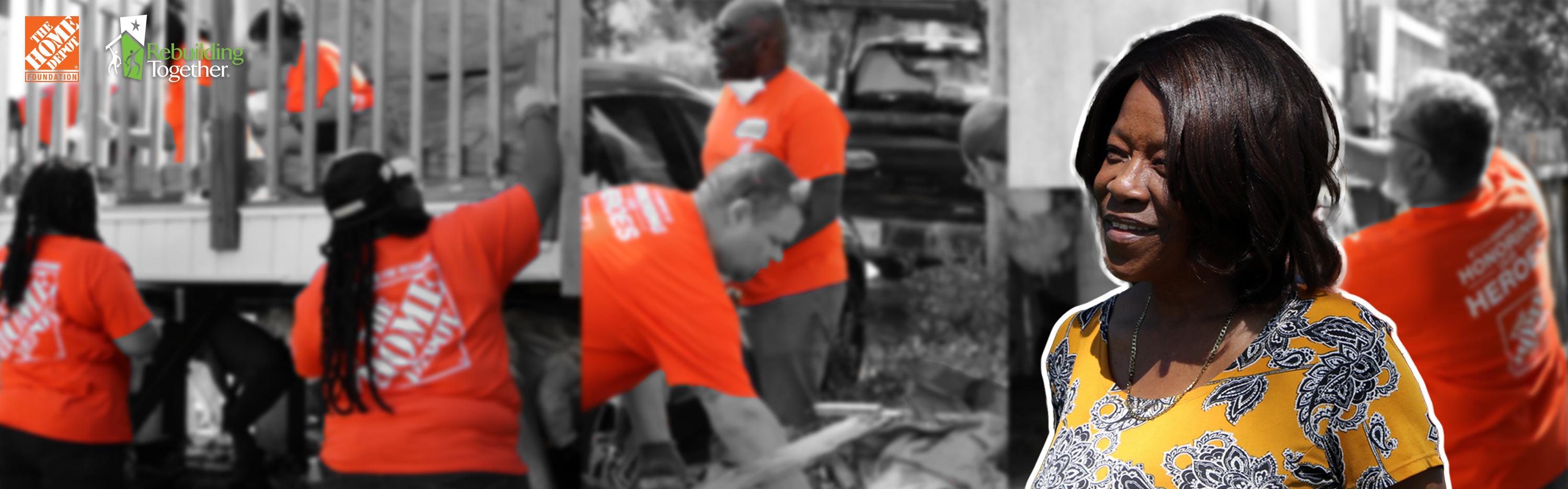 Woman standing in front of Team Depot volunteers