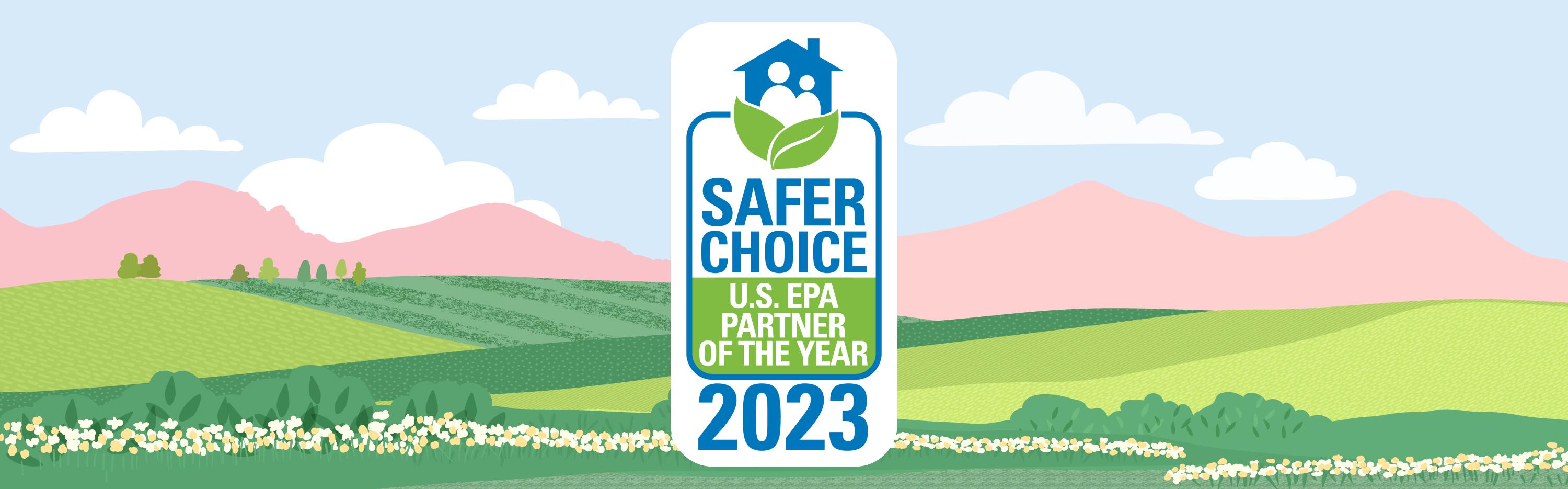 Safer Choice logo in front of mountains and plains