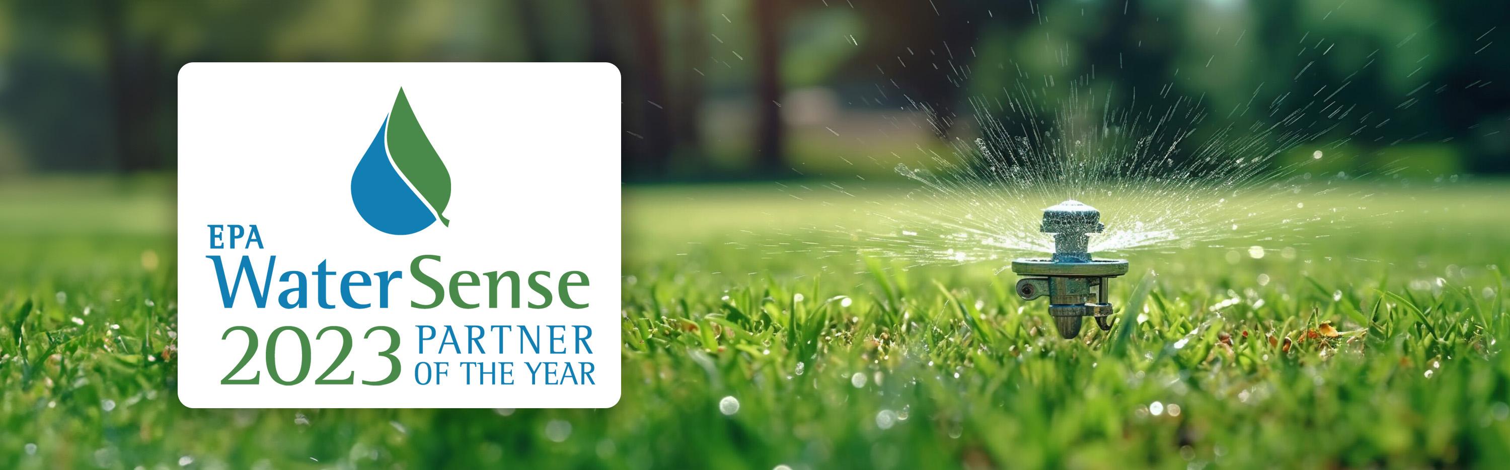 WaterSense logo in front of a lawn sprinkler