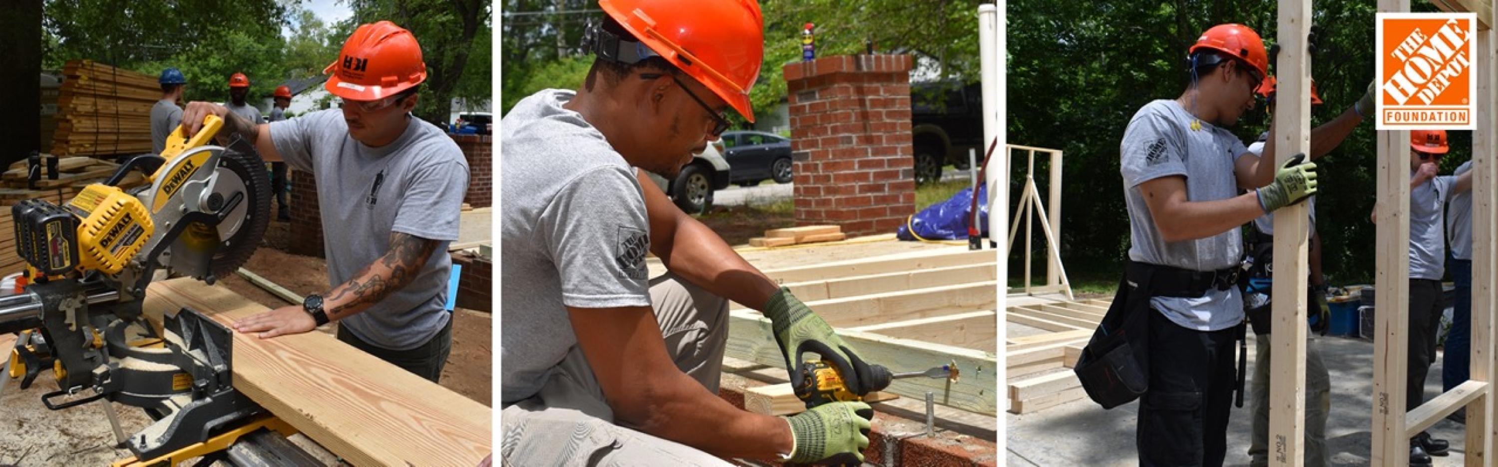 Three photos of volunteers doing construction