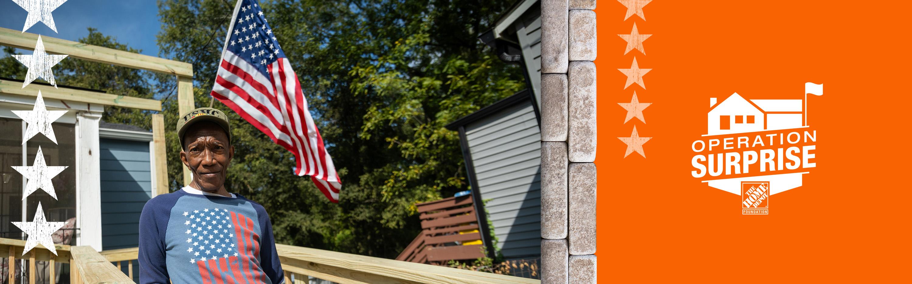 Operation surprise logo next to a veteran with an American flag