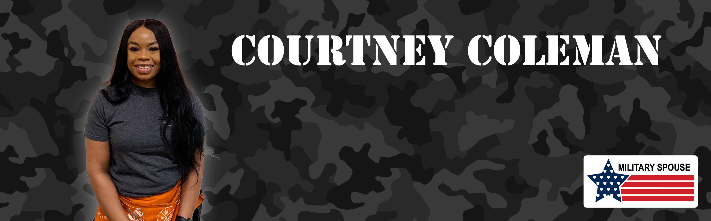 Courtney Coleman in front of dark camo background