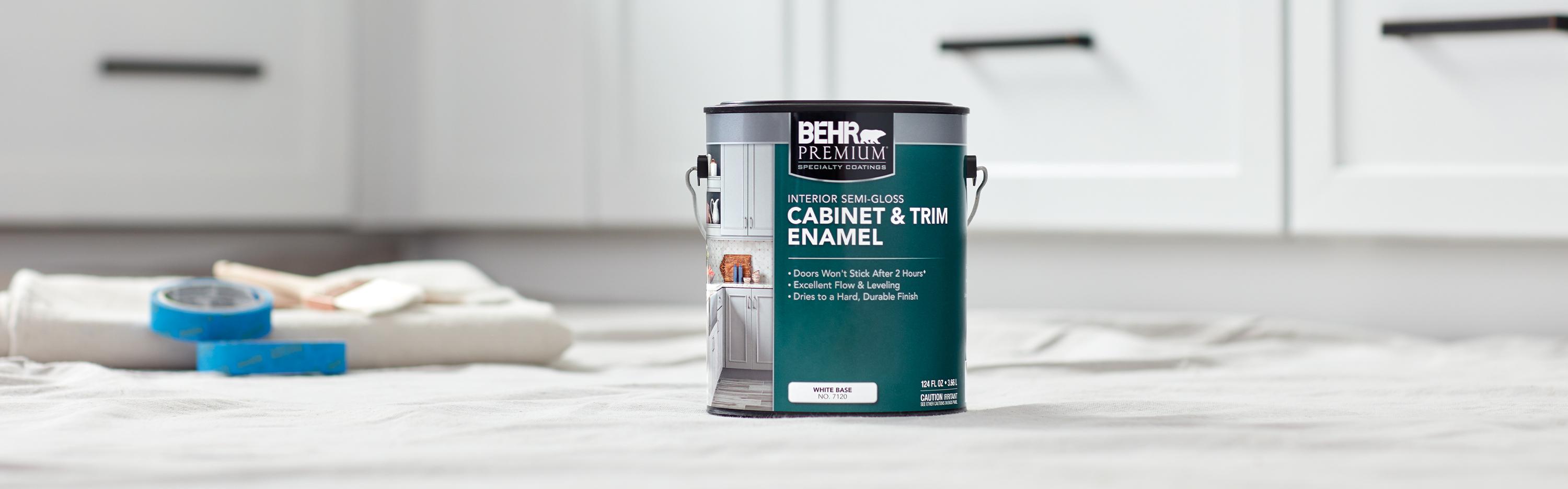Can of Behr paint sitting on the floor