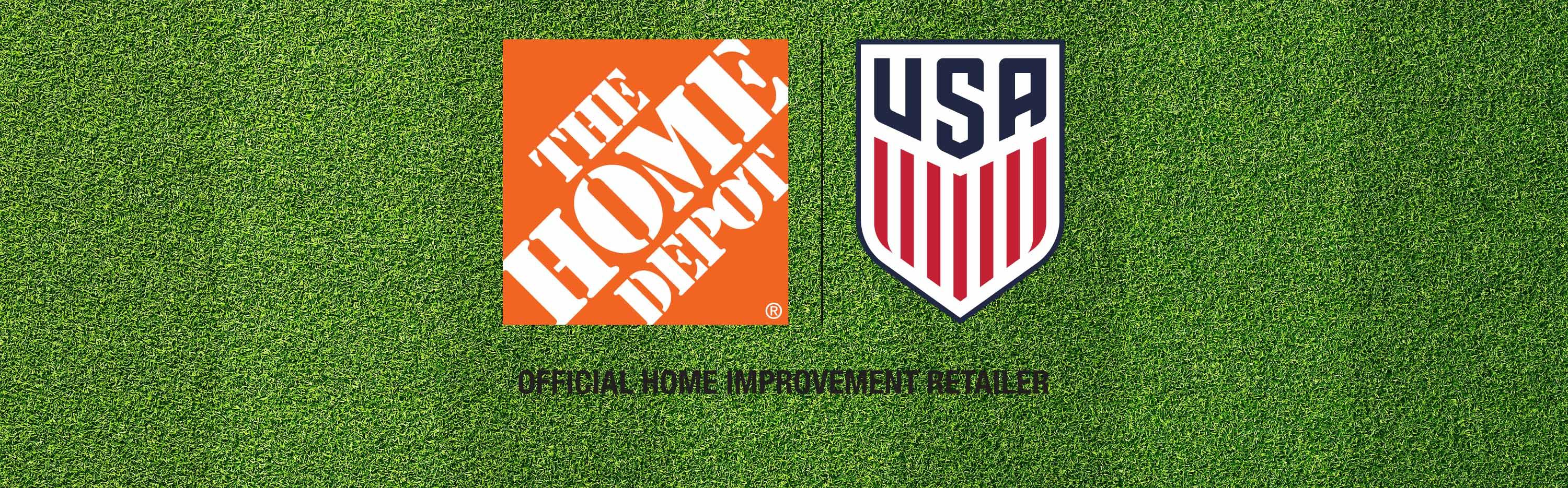 The Home Depot logo and the USA Soccer Logo on a grassy background