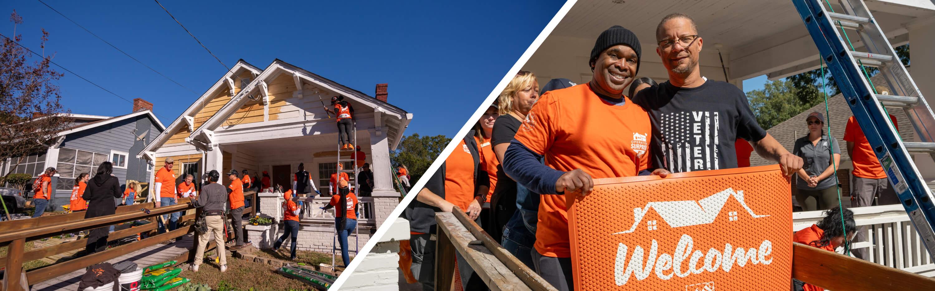 Side by side photos of team depot volunteers restoring a home