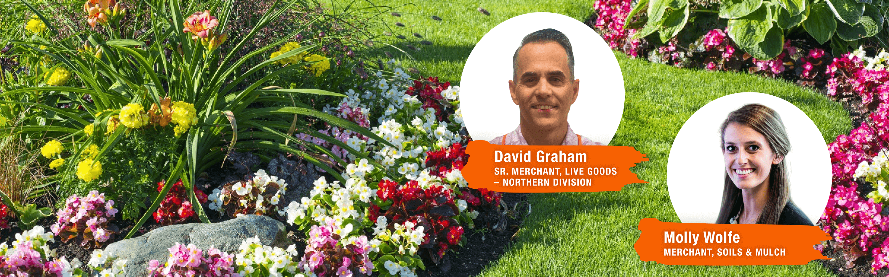 Pictures of 2 merchants in front of a beautiful bed of flowers and lawn. 