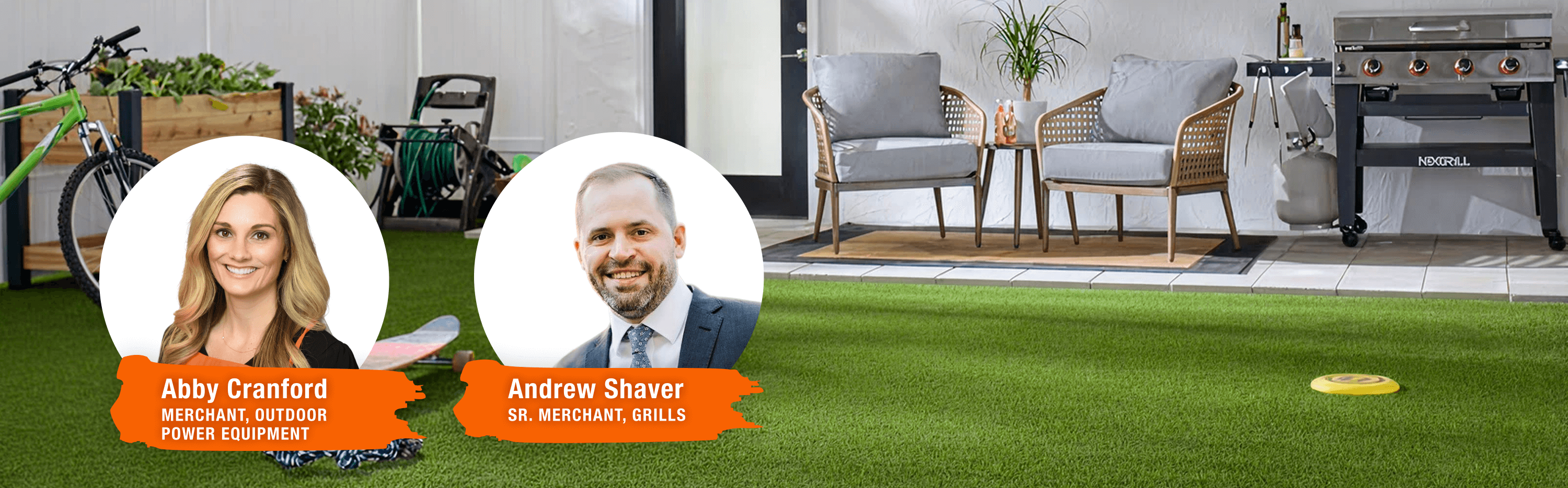 An image of a backyard with 2 Home Depot merchants in the forefront 