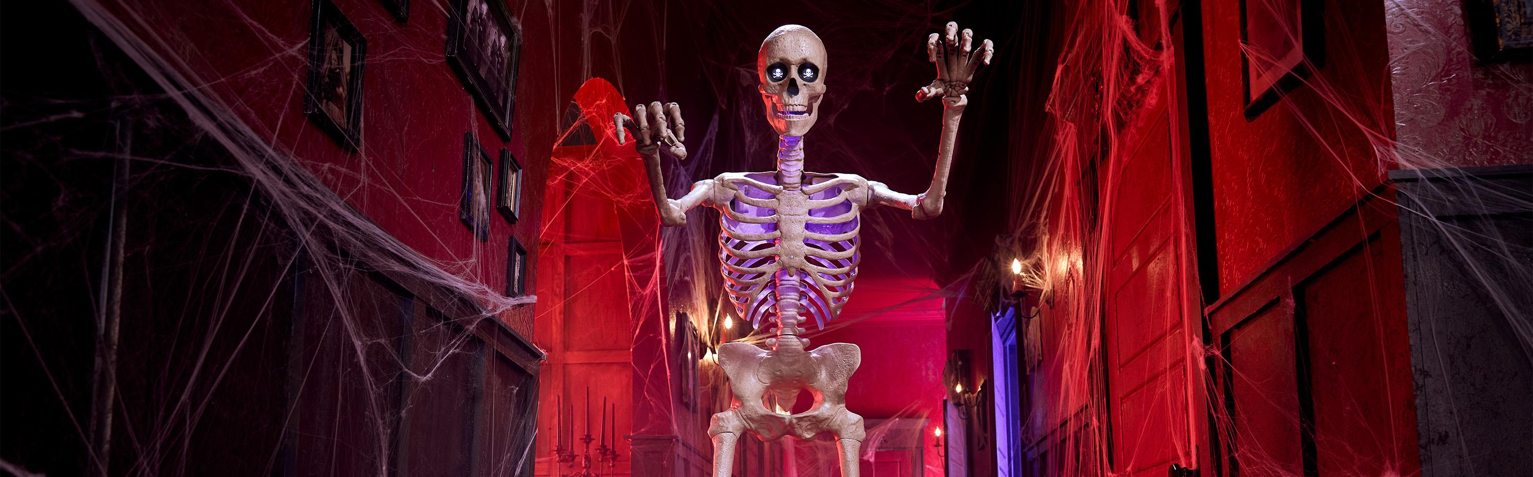 Ultra Skelly in a spooky hallway