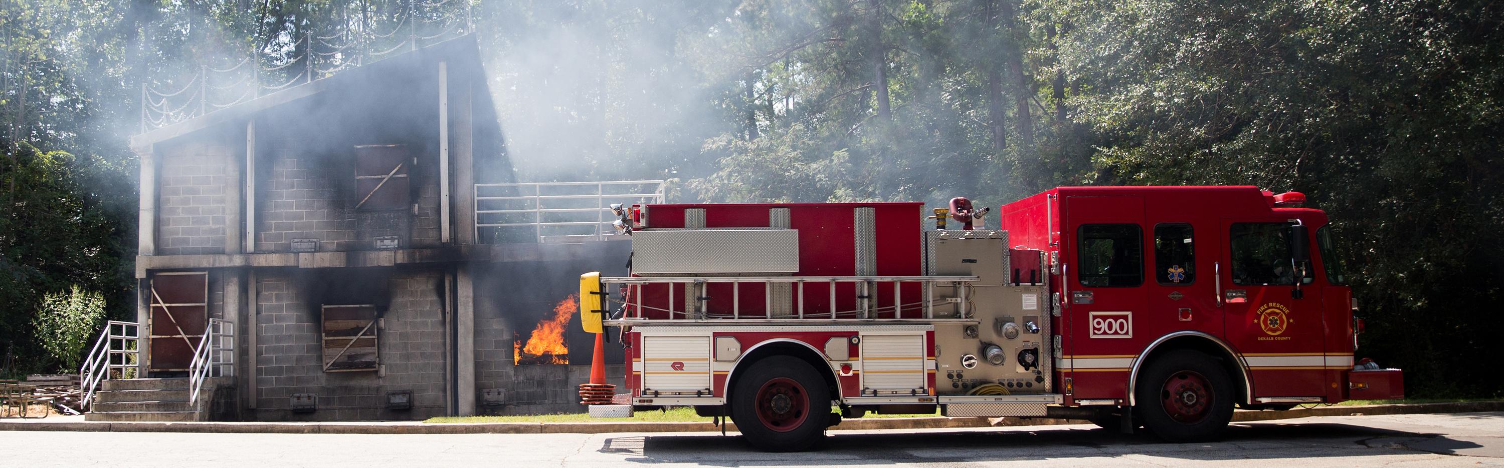 Dekalb County fire truck outside burn building
