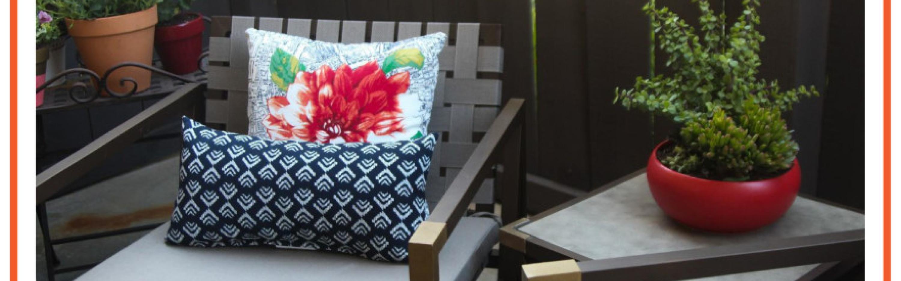 Patio chair with bright pillows