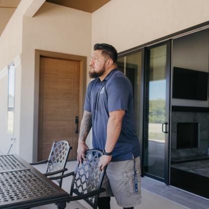 Maverick standing on his new patio