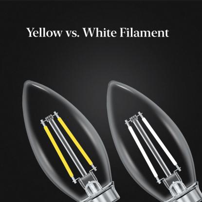 a bulb with a yellow filament compared to a white filament