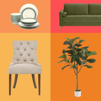 Decor Days Products including a dining chair, faux tree, dinnerware set, and sofa
