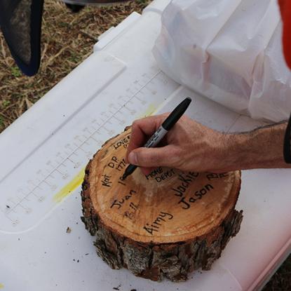 Team Depot volunteer signing tree stump