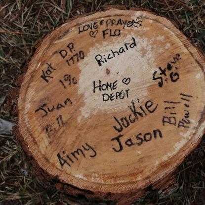 Tree stump signed by Team Depot volunteers