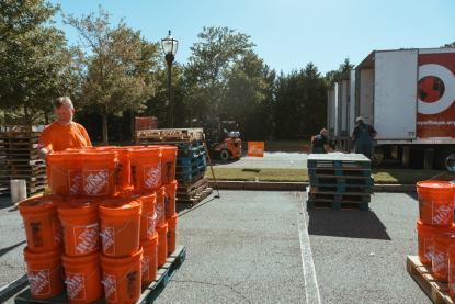 Disaster Relief Buckets on pallets