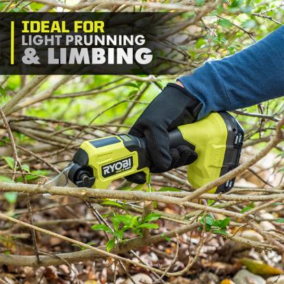 A RYOBI pruner cutting through a tree branch