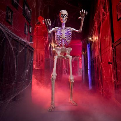 Ultra Skelly in a spooky hallway